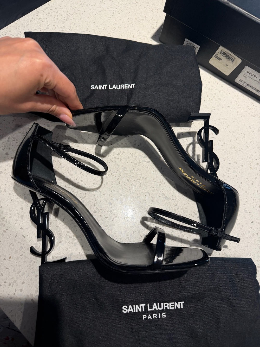 Saint Laurent Black Patent-Leather YSL-Heel Sandals